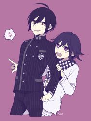 Rule 34 | 2boys, ahoge, anger vein, arm grab, behind another, black hair, black jacket, blush, breast pocket, brown eyes, buttons, checkered clothes, checkered neckwear, checkered scarf, commentary request, cropped legs, danganronpa (series), danganronpa v3: killing harmony, double-breasted, hair between eyes, hiding, hiding behind another, jacket, leaning back, long sleeves, male focus, multiple boys, oma kokichi, open mouth, pants, pink background, pocket, pointing, purple eyes, saihara shuichi, scarf, school uniform, shirt, signature, simple background, spoken anger vein, straitjacket, striped clothes, striped jacket, striped pants, sweatdrop, y0e0k
