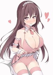 Rule 34 | 1girl, arm garter, bare shoulders, bikini, bikini top only, blush, breasts, brown eyes, brown hair, cleavage, clothes lift, collarbone, condom, condom in mouth, condom wrapper, detached collar, frills, hair ornament, halterneck, headdress, heart, highres, kneeling, large breasts, lifted by self, long hair, looking at viewer, matsumi kuro, miniskirt, mouth hold, navel, necktie, no pussy, no shoes, one side up, pink bikini, pink skirt, pleated skirt, saki, saki (manga), saki achiga-hen, short necktie, skirt, skirt lift, smile, solo, stomach, swimsuit, thighhighs, trista (makkoivenus), white thighhighs, wrist cuffs