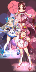 Rule 34 | 3girls, absurdres, alternate costume, anchor, asakaze (kancolle), blue background, blue bow, blue choker, blue eyes, blue skirt, blush, boots, bow, brown hair, choker, cosplay, cure blossom, cure blossom (cosplay), cure marine, cure marine (cosplay), dated, dress, drill hair, floral background, forehead, full body, gift, gradient background, hair bow, hair ornament, harukaze (kancolle), heartcatch precure!, high heel boots, high heels, high ponytail, highres, kamikaze (kancolle), kantai collection, kneehighs, light brown hair, long hair, magical girl, moke ro, multiple girls, oil-paper umbrella, open mouth, outstretched arm, pink background, pink choker, pink dress, precure, purple bow, purple eyes, purple footwear, purple hair, red bow, red dress, red eyes, short sleeves, skirt, smile, socks, thigh boots, thighhighs, twin drills, twitter username, two-tone dress, umbrella, very long hair, white dress, white legwear