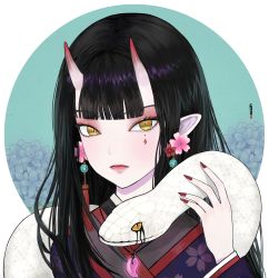 Rule 34 | absurdres, animal, animal on head, black hair, blunt bangs, closed mouth, colored sclera, commentary, earrings, english commentary, fangs, floral background, flower earrings, green background, highres, horns, japanese clothes, jewelry, kimono, long hair, nail polish, on head, oni, oni horns, orange sclera, original, pointy ears, red nails, slit pupils, snake, solo, ssun (sun een), white background