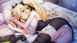 ass bare_shoulders bed black_bow black_dress blonde_hair blush book bow breasts deep_one_kyomu_to_mugen_no_fragment dress frills green_eyes hair_bow hair_ribbon holding hugging_object large_breasts long_hair looking_at_viewer lying medium_breasts non-web_source on_side panties pillow pillow_hug polka_dot polka_dot_panties ribbon sideboob skirt solo thighhighs thighs twintails underwear very_long_hair weapon white_panties zizeru_bo-dowhin