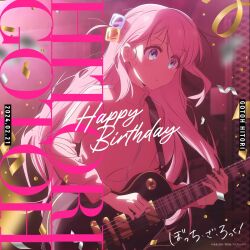 Rule 34 | 1girl, birthday connection, blue eyes, bocchi the rock!, confetti, copyright notice, electric guitar, gotoh hitori, guitar, hair ornament, happy birthday, highres, holding, holding guitar, holding instrument, instrument, long hair, music, official art, pink hair, pink track suit, playing instrument, straight hair