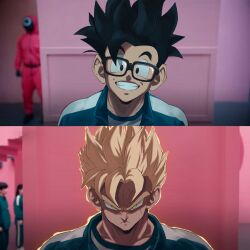 absurdres black_eyes black_hair blonde_hair crossover dragon_ball dragon_ball_super dragon_ball_super_super_hero dragonball_z glass green_eyes highres medium_hair meme ritchell-innocent smile solo_focus son_gohan son_gohan_(future) spiked_hair squid_game worker_(squid_game) year_1_&amp;_year_2_(squid_game)_(meme)