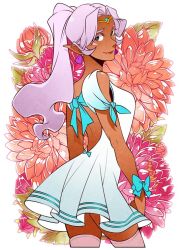 Rule 34 | 1girl, backless dress, backless outfit, blue eyes, bow, dark-skinned female, dark skin, dress, earrings, endy, flower, hyakujuu-ou golion, jewelry, long hair, looking at viewer, looking back, pointy ears, ponytail, princess allura, purple hair, ribbon, smile, solo, thighhighs, voltron: legendary defender, voltron (series)