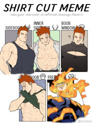 Rule 34 | 1boy, abs, absurdres, alternate costume, armor, bara, bare pectorals, bare shoulders, black shirt, black tank top, bodysuit, boku no hero academia, casual, chest hair, cleavage cutout, clothes lift, clothing cutout, covered abs, covered navel, endeavor (boku no hero academia), english text, facial hair, fire, greyscale, highres, large pectorals, lifted by self, male focus, mature male, meme, monochrome, multiple drawing challenge, multiple views, muscular, muscular male, navel hair, nipple slip, nipples, open clothes, open shirt, p (pppppppppq), pauldrons, pectoral cleavage, pectorals, scar, scar across eye, scar on face, shirt, shirt cut meme, shirt lift, short hair, shoulder armor, sideburns, sidepec, spiked hair, stomach, stubble, sweat, sweater, tank top, turtleneck, turtleneck sweater, veins, wet, wet clothes, wet hair, wet shirt