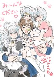 Rule 34 | 10s, 4boys, animal ears, apron, bishounen, blue hair, blush, brown hair, carrying, cat boy, cat ears, cat tail, circlet, crossdressing, dress, closed eyes, long hair, maid, maid apron, male focus, mikleo (tales), multicolored hair, multiple boys, multiple persona, open mouth, piggyback, ponytail, purple eyes, shiitake (gensoudou), short hair, shoulder carry, smile, sorey (tales), tail, tales of (series), tales of zestiria, thighhighs, trap, two-tone hair, white background, white hair