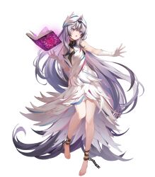 Rule 34 | 1girl, bare shoulders, barefoot, black hair, book, breasts, chain, choker, dress, elbow gloves, feather hair ornament, feather trim, feathers, fire emblem, fire emblem engage, fire emblem heroes, floating, floating object, full body, gloves, glowing, grey hair, hair ornament, highres, kanda done, long hair, multicolored hair, nintendo, non-web source, official art, open book, open mouth, purple eyes, short dress, sleeveless, sleeveless dress, small breasts, solo, toes, transparent background, two-tone hair, veyle (fire emblem), white dress