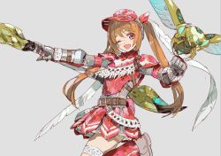 Rule 34 | 1girl, ;d, alternate costume, alternate headwear, alternate weapon, armor, armored dress, belt, breastplate, brown hair, chainmail, cosplay, eiyuu densetsu, estelle bright, faulds, gauntlets, gloves, highres, holding, holding weapon, long hair, looking at viewer, monster hunter (series), nishihara isao, one eye closed, open mouth, pauldrons, red eyes, shoulder armor, smile, solo, sora no kiseki, weapon