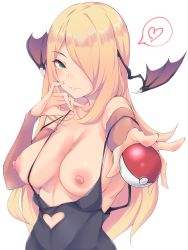 Rule 34 | 1girl, bat wings, black mutou, blonde hair, breasts, breasts out, bridal gauntlets, clothing cutout, cosplay, creatures (company), cynthia (pokemon), foreshortening, game freak, green eyes, hair ornament, hair over one eye, head wings, heart, heart cutout, highres, large breasts, lips, long hair, looking at viewer, morrigan aensland, morrigan aensland (cosplay), nintendo, nipples, no bra, poke ball, poke ball (basic), pokemon, pokemon dppt, pulled by self, sidelocks, simple background, smile, solo, spoken heart, stomach, swept bangs, undressing, upper body, vampire (game), very long hair, white background, wings