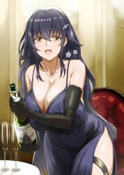 Rule 34 | 1girl, alternate costume, azuma (azur lane), azur lane, black gloves, bottle, breasts, chair, champagne bottle, champagne flute, cleavage, cocktail dress, commentary request, cowboy shot, cup, dress, drinking glass, elbow gloves, english text, evening gown, gloves, hair between eyes, halter dress, halterneck, highres, holding, holding bottle, huge breasts, indoors, jewelry, looking at viewer, necklace, open mouth, orange eyes, pearl necklace, purple dress, purple hair, q kanbow, side slit, sleeveless, sleeveless dress, solo