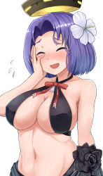 Rule 34 | 10s, 1girl, bikini, black bikini, blush, bow, breasts, cleavage, covered erect nipples, closed eyes, female focus, flower, hair flower, hair ornament, highres, kantai collection, large breasts, navel, okitsugu, open mouth, purple hair, ribbon, sarong, short hair, simple background, smile, solo, stomach, swimsuit, tatsuta (kancolle)