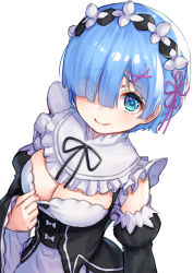 Rule 34 | 1girl, blue eyes, blue hair, blush, breasts, cleavage, commentary request, detached sleeves, dress, eyes visible through hair, female focus, frills, hair ornament, hair over one eye, hair ribbon, large breasts, looking at viewer, maid, maid headdress, pensuke, pink ribbon, re:zero kara hajimeru isekai seikatsu, rem (re:zero), ribbon, short hair, simple background, smile, solo, standing, white background, x hair ornament