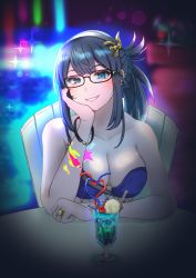 Rule 34 | blue eyes, blue hair, blurry, blurry background, bracelet, breasts, dark blue hair, dating, food, glasses, granblue fantasy, hair ornament, hands on own face, ice cream, ice cream float, illnott (granblue fantasy), illnott (summer) (granblue fantasy), jewelry, looking at viewer, medium breasts, official alternate costume, paint, ponytail, pool, pov, ring, swimsuit, wangxiang qingnian