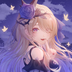 Rule 34 | 1girl, bare shoulders, blonde hair, blue flower, blue rose, breasts, bug, butterfly, choker, cloud, covered eyes, eyes visible through hair, finger to mouth, flower, hair flower, hair ornament, hair over one eye, highres, honkai (series), honkai impact 3rd, insect, large breasts, long hair, looking at viewer, looking back, mole, mole under eye, nail polish, nalukikiki, night, parted lips, pink eyes, purple eyes, rita rossweisse, rita rossweisse (fallen rosemary), rose, sky, solo, thorns