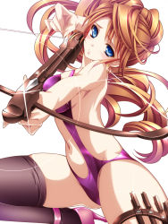 Rule 34 | 1girl, blue eyes, bow (weapon), crossbow, earrings, highres, jewelry, long hair, monety, orange hair, original, solo, swimsuit, thighhighs, weapon
