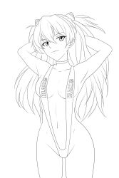 Rule 34 | 1girl, armpits, arms behind head, blacked (phrase), breasts, cleavage, cropped, half-closed eyes, highres, large breasts, legs, long hair, monochrome, navel, neon genesis evangelion, seductive gaze, seductive smile, sideboob, slingshot swimsuit, smile, solo, souryuu asuka langley, swimsuit, thighs, third-party edit, twintails