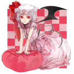 Rule 34 | 1girl, arm support, border, checkered background, dress, female focus, hat, looking at viewer, mob cap, pillow, pink dress, puffy short sleeves, puffy sleeves, red eyes, remilia scarlet, short sleeves, silver hair, simple background, solo, touhou, xero