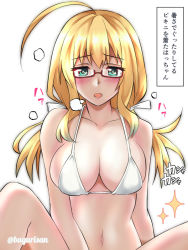 Rule 34 | 1girl, :o, ahoge, akichin (atelier baguri), bikini, blonde hair, blue eyes, blush, breasts, cleavage, commentary request, glasses, hair ribbon, i-8 (kancolle), implied masturbation, kantai collection, large breasts, long hair, low twintails, navel, out-of-frame censoring, red-framed eyewear, ribbon, semi-rimless eyewear, solo, sparkle, swimsuit, translation request, twintails, twitter username, under-rim eyewear, white ribbon