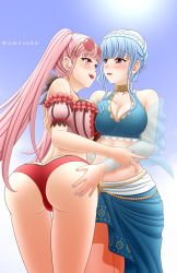 Rule 34 | 2girls, amezuku, artist name, ass, ass grab, bare shoulders, bikini, black eyes, blue hair, blue nails, braid, breast press, breasts, butt crack, cleavage, crown braid, female focus, fire emblem, fire emblem: three houses, fire emblem heroes, from behind, grabbing another&#039;s ass, hair bun, highres, hilda valentine goneril, hilda valentine goneril (summer), large breasts, long hair, marianne von edmund, marianne von edmund (summer), matching hair/eyes, multiple girls, nail polish, nintendo, official alternate costume, open mouth, pink eyes, pink hair, pink nails, sarong, shiny skin, short hair with long locks, sideboob, sidelocks, single hair bun, smile, sunglasses, sunglasses on head, swimsuit, twintails, twitter username, very long hair