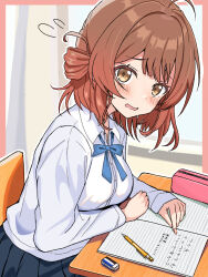 1girl ahoge blue_ribbon blush border breasts brown_hair chair desk eraser fingernails flying_sweatdrops gakuen_idolmaster hanami_ume hatsuboshi_gakuen_school_uniform highres hiyoko_neneko idolmaster long_sleeves looking_at_viewer mechanical_pencil medium_breasts neck_ribbon outside_border pencil pink_border ribbon school_chair school_desk school_uniform shirt sitting solo white_shirt