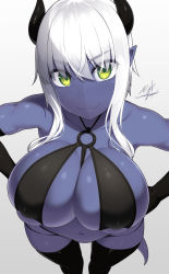 Rule 34 | belly, bikini, black bikini, black gloves, black thighhighs, blue skin, breasts, colored skin, covered erect nipples, demon girl, doyagao, elbow gloves, from above, gloves, green eyes, highres, horns, large breasts, looking up, o-ring, o-ring top, original, pointy ears, samegami, signature, simple background, smile, smug, solo, swimsuit, tail, thighhighs, white background, white hair
