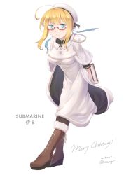 Rule 34 | 1girl, ahoge, alternate costume, black pantyhose, blonde hair, blue eyes, book, boots, brown footwear, character name, christmas, commentary request, cross-laced footwear, dress, full body, fur-trimmed dress, fur trim, glasses, hat, highres, i-8 (kancolle), kantai collection, lace-up boots, leaning forward, long hair, looking at viewer, low twintails, merry christmas, nao (nao eg), pantyhose, peaked cap, simple background, smile, solo, twintails, white background, white dress