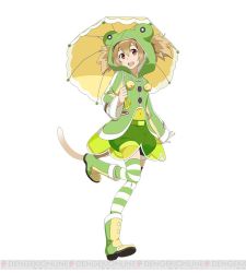 Rule 34 | 10s, 1girl, animal ears, animal hood, boots, brown hair, cat ears, frog hood, holding, holding umbrella, hood, long hair, looking at viewer, navel, open mouth, red eyes, rubber boots, see-through, short hair, shorts, silica, silica (sao-alo), simple background, solo, striped clothes, striped thighhighs, sword art online, sword art online: code register, thighhighs, umbrella, watermark, white background