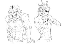 abs animal_ears arknights braid claws closed_mouth clothes_lift commentary_request dragon_boy dragon_ears dragon_horns furry furry_male hair_tie_in_mouth highres horns hung_(arknights) jesuistae komainu_boy komainu_ears lee_(arknights) looking_at_viewer male_focus monochrome mouth_hold multiple_scars muscular muscular_male navel nipples pectorals scar scar_on_arm scar_on_chest scar_on_stomach shirt shirt_lift single_horn sleeveless sleeveless_shirt smile topless_male white_background