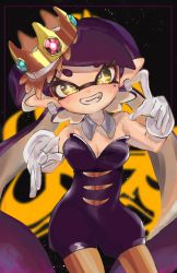 Rule 34 | + +, 1girl, bare shoulders, black background, black hair, black jumpsuit, black shorts, blurry, blurry background, callie (splatoon), crown, detached collar, earrings, fangs, food, food on head, gloves, graffiti, head tilt, highres, imojiru27, inkling, jewelry, jumpsuit, long hair, looking at viewer, mole, mole under eye, nintendo, object on head, pantyhose, pointing, pointy ears, reaching, reaching towards viewer, short jumpsuit, shorts, smile, solo, splatoon (series), splatoon 1, sushi, thighhighs, upper body, very long hair, white gloves, yellow thighhighs