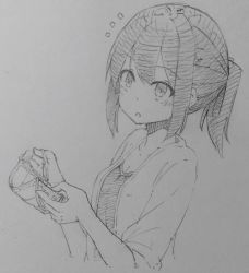 Rule 34 | 1girl, greyscale, highres, holding, holding mask, hoojiro (found1093), hoojiro (found1093) (sketch), mask, unworn mask, monochrome, mouth mask, open mouth, original, ponytail, sketch, solo, surgical mask