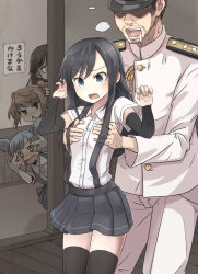 Rule 34 | 10s, 1boy, 4girls, admiral (kancolle), arashio (kancolle), asashio (kancolle), bad id, bad pixiv id, black hair, black legwear, blue eyes, blush, grabbing another&#039;s breast, breasts, brown hair, crazy eyes, double bun, drooling, faceless, faceless male, grabbing, grey hair, groping, hat, heavy breathing, kantai collection, michishio (kancolle), military, military uniform, multiple girls, naval uniform, ooshio (kancolle), open mouth, peeking out, personification, pink eyes, rin yu shijin, school uniform, skirt, small breasts, suspenders, sweatdrop, thighhighs, triangle mouth, twintails, uniform, zettai ryouiki