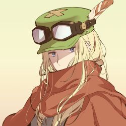 Rule 34 | blonde hair, blue eyes, brown background, copyright request, covered mouth, enpera, feathers, flat cap, goggles, goggles on headwear, green hat, hat, hat feather, kanikame, long hair, looking at viewer, ranger (sekaiju), ranger 1 (sekaiju), red scarf, scarf, simple background, solo, upper body, white feathers