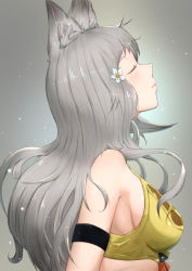 Rule 34 | 1girl, animal ear fluff, animal ears, bare shoulders, blush, breasts, closed mouth, commentary request, crop top, erune, flower, granblue fantasy, grey background, grey hair, hair flower, hair ornament, highres, light smile, long hair, medium breasts, profile, sen (granblue fantasy), sideboob, sleeveless, solo, uneg, upper body, white flower