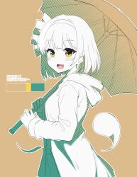 Rule 34 | 1girl, :d, absurdres, alternate eye color, black hairband, blush, bow, breasts, color guide, commentary, diagonal stripes, from side, ghost, hair bow, hairband, high contrast, highres, holding, holding umbrella, hood, hood down, hooded jacket, jacket, konpaku youmu, konpaku youmu (ghost), looking at viewer, looking to the side, medium breasts, open mouth, orange background, partially colored, short hair, simple background, smile, striped, touhou, two-handed, umbrella, yellow eyes, youmu-kun