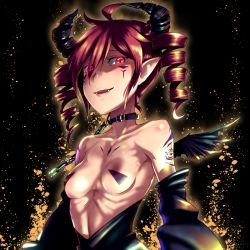 Rule 34 | 1girl, ahoge, bare shoulders, breasts, caffein, chain, collar, collarbone, detached sleeves, dress, drill hair, facial mark, fangs, glowing, glowing eyes, highres, horns, kasane teto, looking at viewer, medium hair, open mouth, pasties, red eyes, red hair, revealing clothes, small breasts, solo, strapless, strapless dress, tattoo, twin drills, twintails, upper body, utau, wings