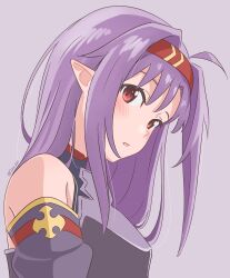 Rule 34 | 1girl, ahoge, armor, blush, breastplate, detached sleeves, fairy (sao), from side, hairband, highres, kizu-kun, long hair, looking at viewer, open mouth, pointy ears, purple hair, red eyes, red hairband, solo, sword art online, yuuki (sao)