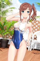 Rule 34 | 1girl, absurdres, blue eyes, blue sky, breasts, brown hair, chair, cloud, competition swimsuit, covered navel, day, floral print, hair ornament, hair scrunchie, high school fleet, highleg, highleg swimsuit, highres, ise sakura, long hair, looking at viewer, medium breasts, multicolored clothes, multicolored swimsuit, one-piece swimsuit, outdoors, plant, potted plant, scrunchie, side ponytail, sky, solo, standing, swimsuit, takafumi, variant set