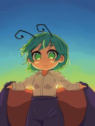Rule 34 | 1girl, antennae, black cape, black shorts, breasts, cape, closed mouth, collared shirt, commentary, cowboy shot, gradient background, green background, green eyes, green hair, highres, holding, holding cape, holding clothes, looking at viewer, red cape, shirt, short hair, shorts, small breasts, smile, solo, touhou, two-sided cape, two-sided fabric, ugif, white shirt, wriggle nightbug