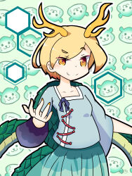 Rule 34 | 1girl, absurdres, antlers, blonde hair, blue ribbon, blue shirt, blue skirt, breasts, closed mouth, cowboy shot, dragon girl, dragon horns, dragon tail, gakubutiudonn449, hexagon, highres, horns, kicchou yachie, long sleeves, looking at viewer, otter spirit (touhou), pleated skirt, red ribbon, ribbon, shirt, skirt, small breasts, smile, smirk, solo, square neckline, tail, touhou, turtle shell, yellow eyes, yellow horns