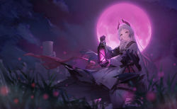 Rule 34 | 1girl, arknights, black gloves, black jacket, blurry, blurry foreground, closed mouth, cloud, depth of field, earrings, floating clothes, full moon, gloves, grey eyes, grey hair, head wings, highres, holding, holding lantern, irene (arknights), jacket, jewelry, kumo ryuun, lantern, long hair, long sleeves, looking at viewer, moon, night, night sky, outdoors, purple theme, scar, scar across eye, scar on face, skirt, sky, solo, torn clothes, white skirt, wings