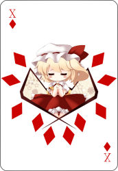 Rule 34 | 1girl, ascot, bad id, bad pixiv id, blonde hair, blush, chibi, closed eyes, cocozasa, flandre scarlet, hat, own hands together, side ponytail, simple background, smile, solo, touhou, white background, wings