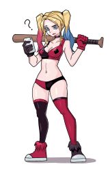 Rule 34 | 1girl, absurdres, baseball bat, breasts, choker, cleavage, dc comics, harley quinn, harley quinn (series), highres, lipstick, makeup, phone, thighhighs, twintails, weapon