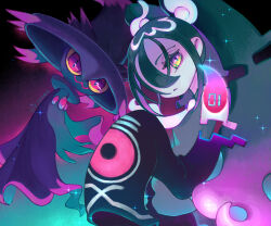 Rule 34 | 1girl, black sleeves, commentary, creatures (company), game freak, gen 4 pokemon, ghost, ghost miku (project voltage), hair over one eye, hatsune miku, highres, kibakira, long hair, looking at viewer, mismagius, nintendo, pale skin, pokemon, pokemon (creature), project voltage, purple eyes, sleeves past fingers, sleeves past wrists, twintails, very long hair, vocaloid, will-o&#039;-the-wisp (mythology), yellow eyes