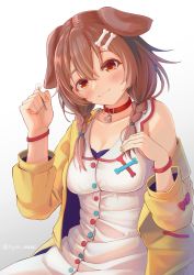 Rule 34 | 1girl, :3, animal collar, animal ears, blush, bone hair ornament, bracelet, braid, brown eyes, brown hair, buttons, closed mouth, collar, dog ears, dress, hair between eyes, hair ornament, hairclip, hand on own chest, highres, hololive, inugami korone, inugami korone (1st costume), jacket, jewelry, long hair, looking at viewer, low twin braids, low twintails, mimikaki, nail polish, nyoon, off shoulder, red collar, sitting, smile, solo, twin braids, twintails, virtual youtuber, white dress, yellow jacket, yellow neckwear