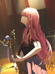 Rule 34 | 2girls, absurdres, black shirt, blue eyes, blue hair, bocchi the rock!, closed mouth, commentary request, cowboy shot, dutch angle, film grain, gotoh hitori, grey skirt, guitar, highres, instrument, light particles, long hair, looking up, microphone, microphone stand, multiple girls, pink hair, pleated skirt, q pulan, shirt, short hair, short sleeves, sidelocks, skirt, stage, stage lights, t-shirt, very long hair, yamada ryo