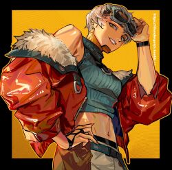 Rule 34 | 1girl, animification, apex legends, belt, black border, blue belt, border, bracelet, breasts, cropped sweater, fur-trimmed jacket, fur trim, goggles, goggles on head, grey hair, grey pants, highres, jacket, jewelry, looking at viewer, medium breasts, midriff, navel, off shoulder, outside border, pants, parted lips, red jacket, short hair, sleeveless, sleeveless sweater, smile, solo, sweater, thundergotch, turtleneck, turtleneck sweater, valkyrie (apex legends), watermark, web address, yellow background