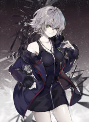 Rule 34 | &gt;:), 1girl, black dress, black jacket, breasts, closed mouth, cowboy shot, dress, fate/grand order, fate (series), fur collar, fur trim, hand on own hip, jacket, jeanne d&#039;arc (fate), jeanne d&#039;arc alter (fate), jeanne d&#039;arc alter (ver. shinjuku 1999) (fate), jewelry, long sleeves, looking at viewer, medium breasts, necklace, official alternate costume, open clothes, open jacket, pale skin, saberiii, short dress, short hair, silver hair, smile, solo, v-shaped eyebrows, yellow eyes