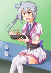 Rule 34 | 1girl, anti (untea9), black vest, blazer, bottle, bowl, brown eyes, chopsticks, commentary request, cosplay, cropped jacket, eating, food, green background, grey hair, highres, jacket, kantai collection, kasumi (kancolle), long hair, open mouth, pleated skirt, side ponytail, sitting, skirt, solo, special week (cosplay), special week (umamusume), thighhighs, umamusume, vest, water bottle, white jacket, white skirt, white thighhighs