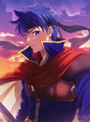 Rule 34 | 1boy, armor, black headband, blue eyes, blue hair, cape, closed mouth, commentary, evening, fire emblem, fire emblem: path of radiance, headband, highres, ike (fire emblem), looking at viewer, male focus, nintendo, outdoors, red cape, sephikowa, sky, solo, twitter username, upper body