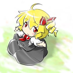 Rule 34 | 1girl, ahoge, alternate hairstyle, ascot, blonde hair, blush stickers, chibi, drill hair, female focus, hair ribbon, open mouth, outstretched arms, red eyes, red star (toranecomet), ribbon, rumia, shirt, short hair, side ponytail, skirt, skirt set, solo, touhou, vest